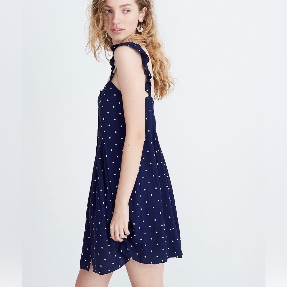 MADEWELL Ruffle-Strap Button-Front Dress in Polka Dot navy white size 2 - Picture 4 of 13